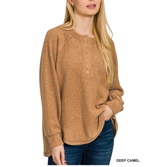Zenana Womens Size Sm-Med Deep Carmel Brushed oversized 7-button henley sweater - Picture 1 of 1